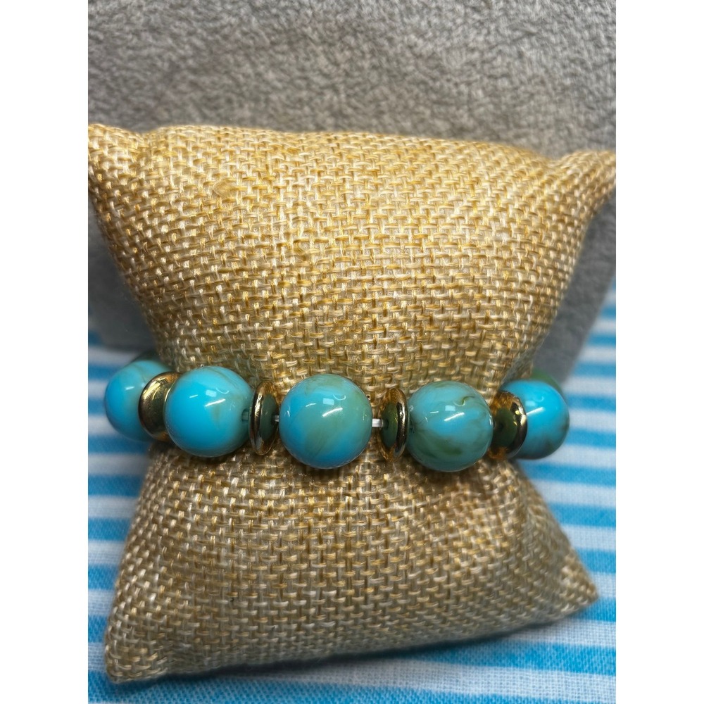 #18.  Turquoise Blue & Gold Beaded Elastic Bracelet with Metallic Spacers